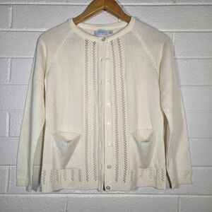 Pointelle Knit Cream White Cardigan Sweater Open Cottage Boho Soft Girl Small